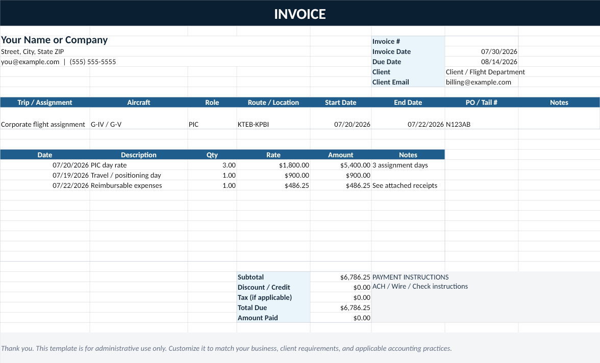 Corporate aviation contractor invoice template preview